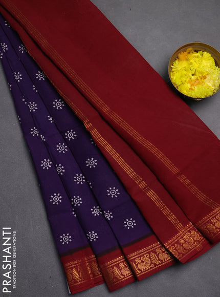 Sungudi cotton saree violet and maroon with allover batik butta prints and zari woven border