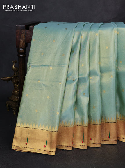 Tissue silk saree teal blue and red with allover zari woven buttas and paithani pallu & muniya border