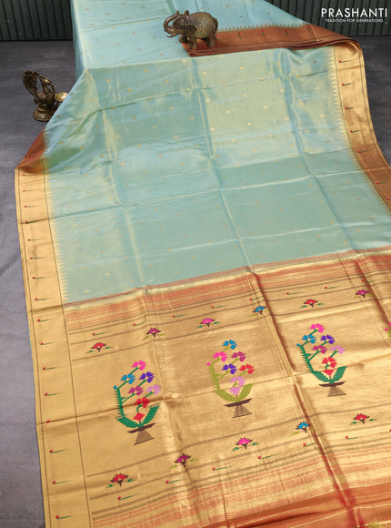 Tissue silk saree teal blue and red with allover zari woven buttas and paithani pallu & muniya border