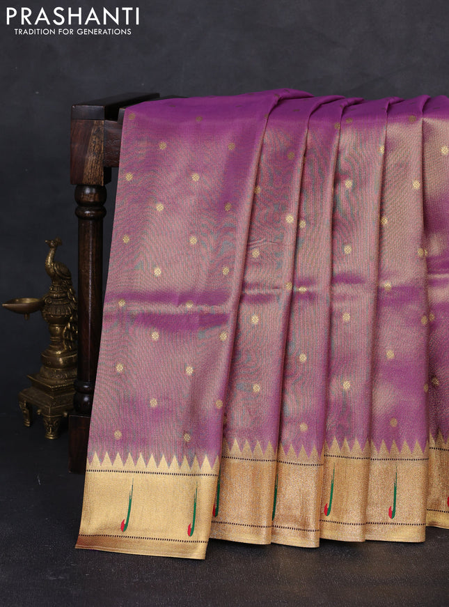 Tissue silk saree lavender with allover zari woven buttas and paithani pallu & muniya border