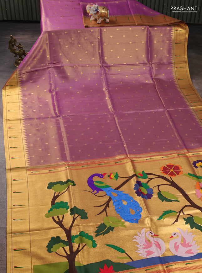 Tissue silk saree lavender with allover zari woven buttas and paithani pallu & muniya border