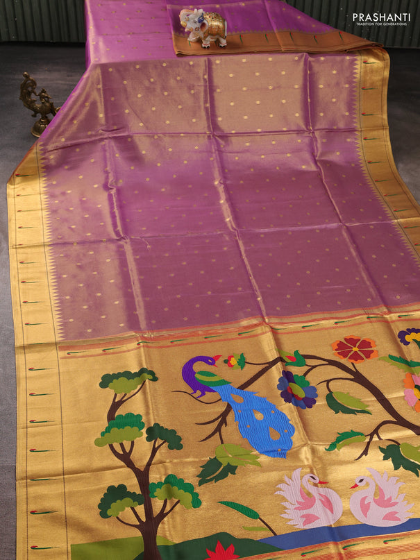 Tissue silk saree lavender with allover zari woven buttas and paithani pallu & muniya border