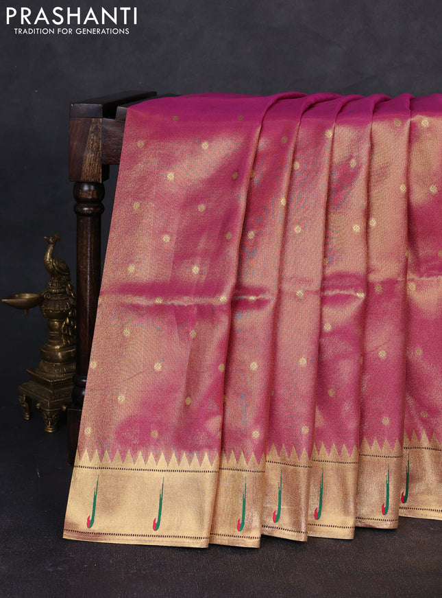Tissue silk saree pink with allover zari woven buttas and paithani pallu & muniya border