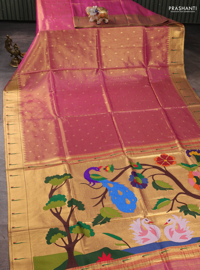 Tissue silk saree pink with allover zari woven buttas and paithani pallu & muniya border