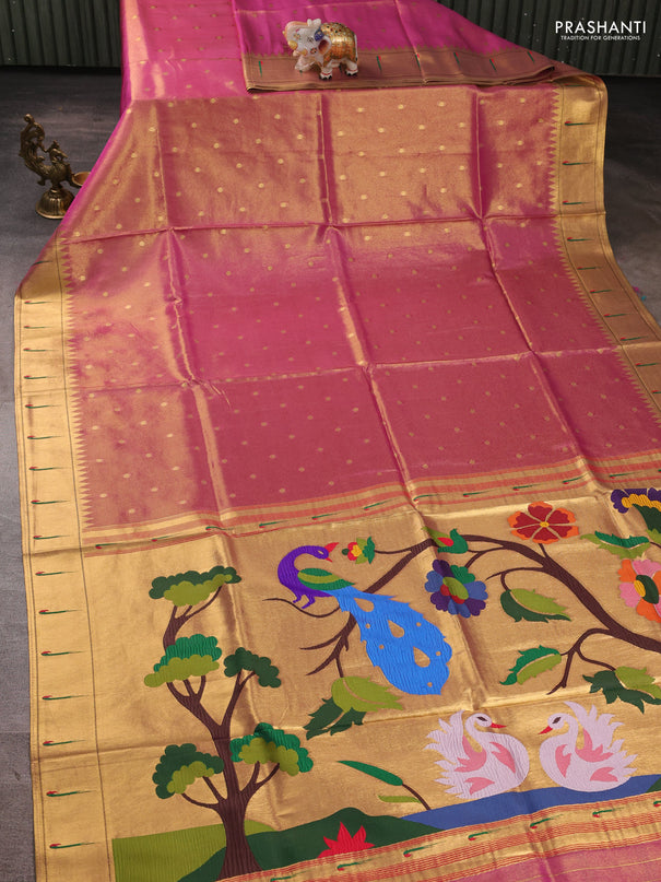 Tissue silk saree pink with allover zari woven buttas and paithani pallu & muniya border