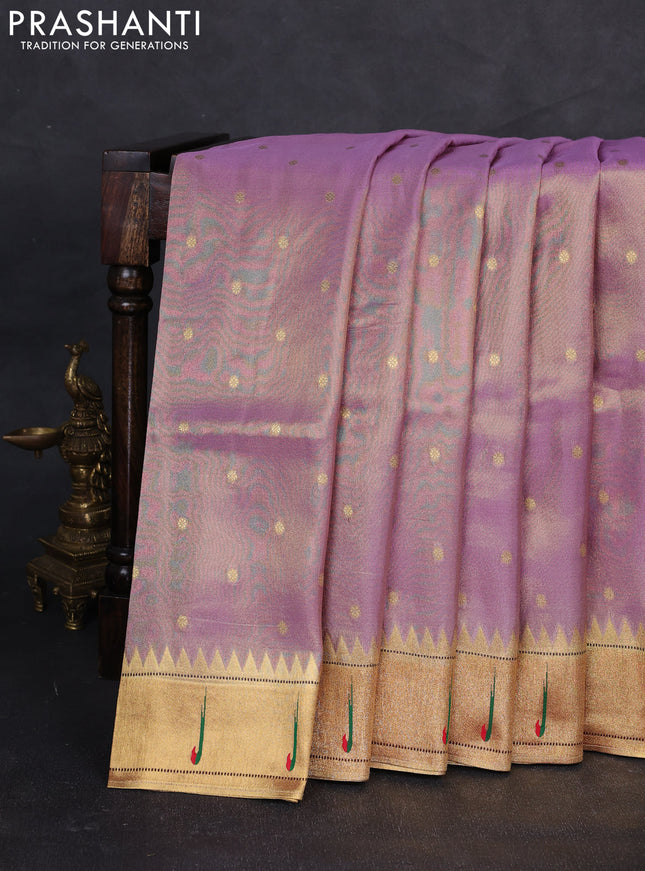 Tissue silk saree lavender and red with allover zari woven buttas and paithani pallu & muniya border
