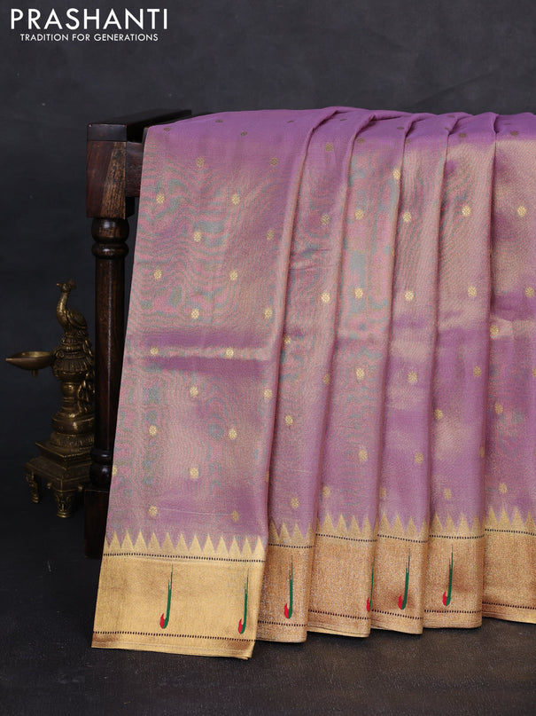 Tissue silk saree lavender and red with allover zari woven buttas and paithani pallu & muniya border