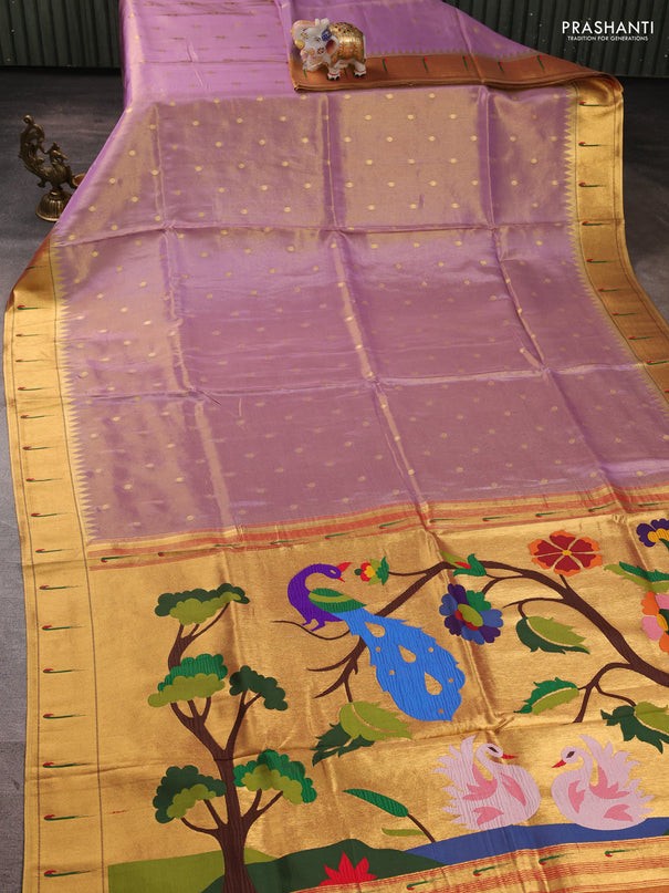 Tissue silk saree lavender and red with allover zari woven buttas and paithani pallu & muniya border