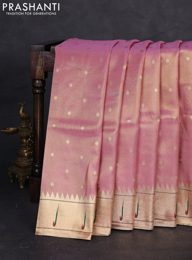 Tissue silk saree light pink with allover zari woven buttas and paithani pallu & muniya border