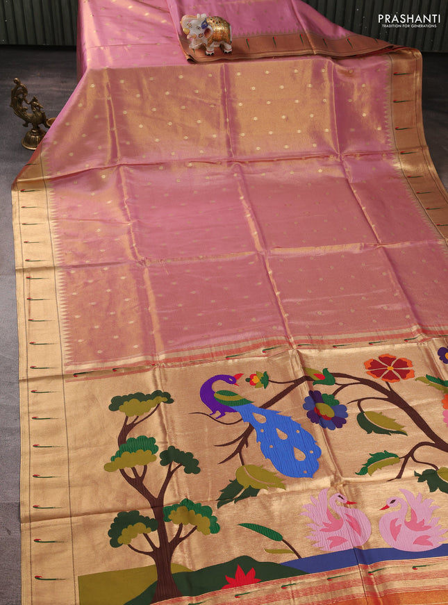 Tissue silk saree light pink with allover zari woven buttas and paithani pallu & muniya border