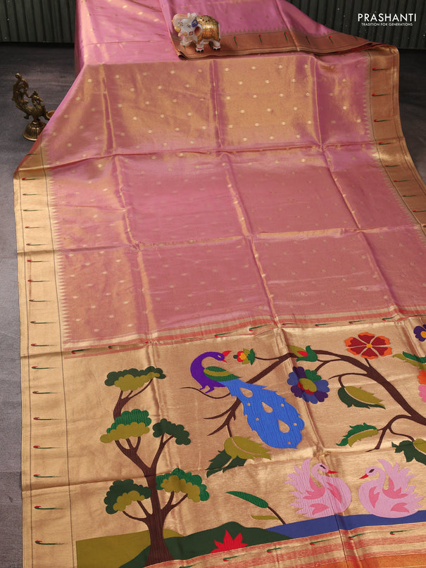 Tissue silk saree light pink with allover zari woven buttas and paithani pallu & muniya border