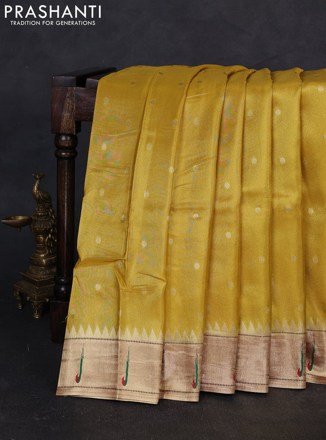 Tissue silk saree yellow with allover zari woven buttas and paithani pallu & muniya border