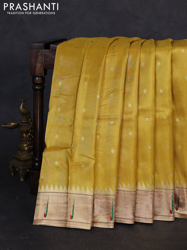 Tissue silk saree yellow with allover zari woven buttas and paithani pallu & muniya border