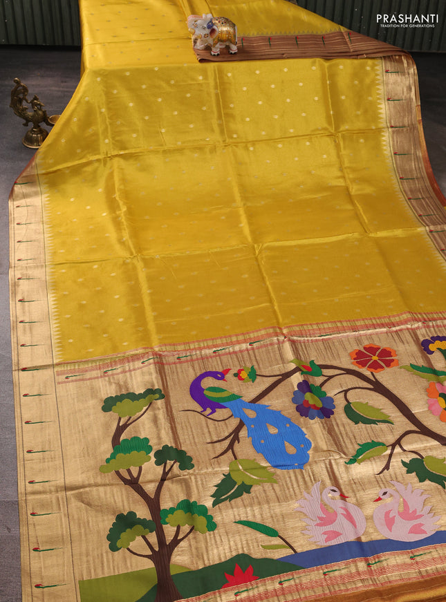Tissue silk saree yellow with allover zari woven buttas and paithani pallu & muniya border