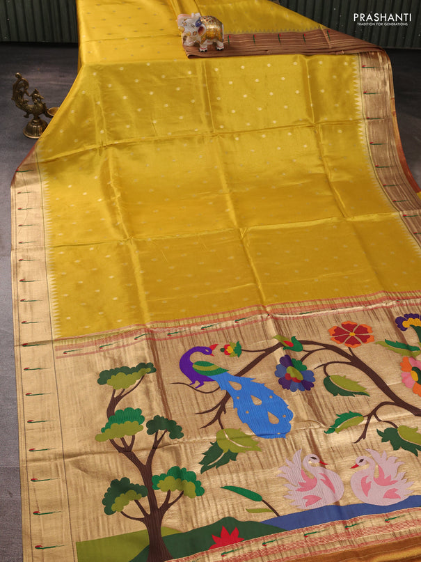 Tissue silk saree yellow with allover zari woven buttas and paithani pallu & muniya border