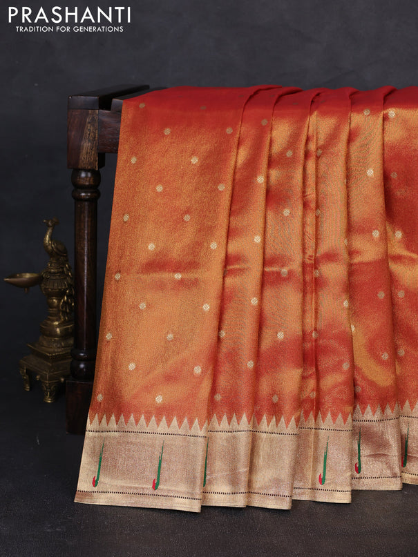 Tissue silk saree red with allover zari woven buttas and paithani pallu & muniya border