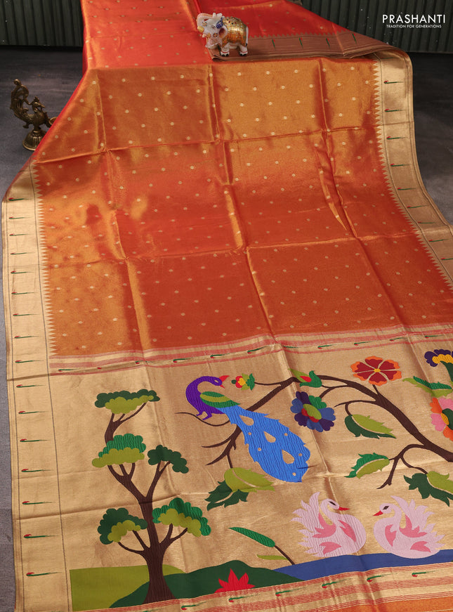 Tissue silk saree red with allover zari woven buttas and paithani pallu & muniya border