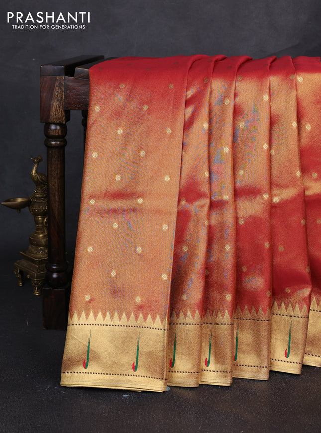 Tissue silk saree golden pink with allover zari woven buttas and paithani pallu & muniya border