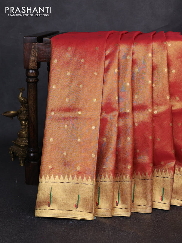 Tissue silk saree golden pink with allover zari woven buttas and paithani pallu & muniya border