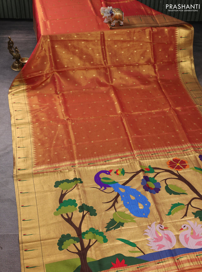 Tissue silk saree golden pink with allover zari woven buttas and paithani pallu & muniya border
