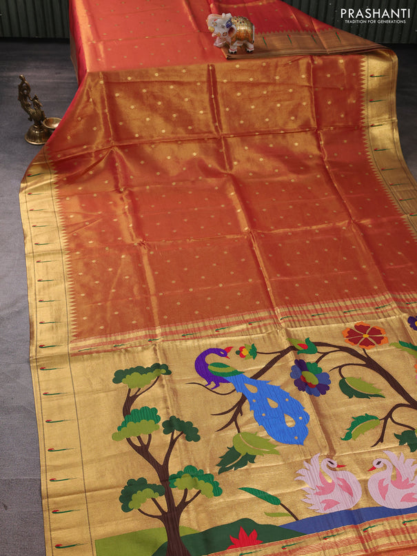 Tissue silk saree golden pink with allover zari woven buttas and paithani pallu & muniya border