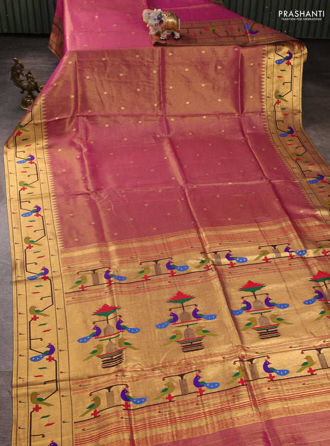 Tissue silk saree pink with allover zari woven buttas and paithani pallu & border