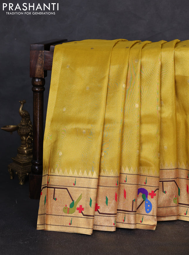 Tissue silk saree yellow and red with allover zari woven buttas and paithani pallu & border