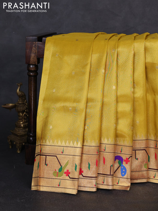 Tissue silk saree yellow and red with allover zari woven buttas and paithani pallu & border