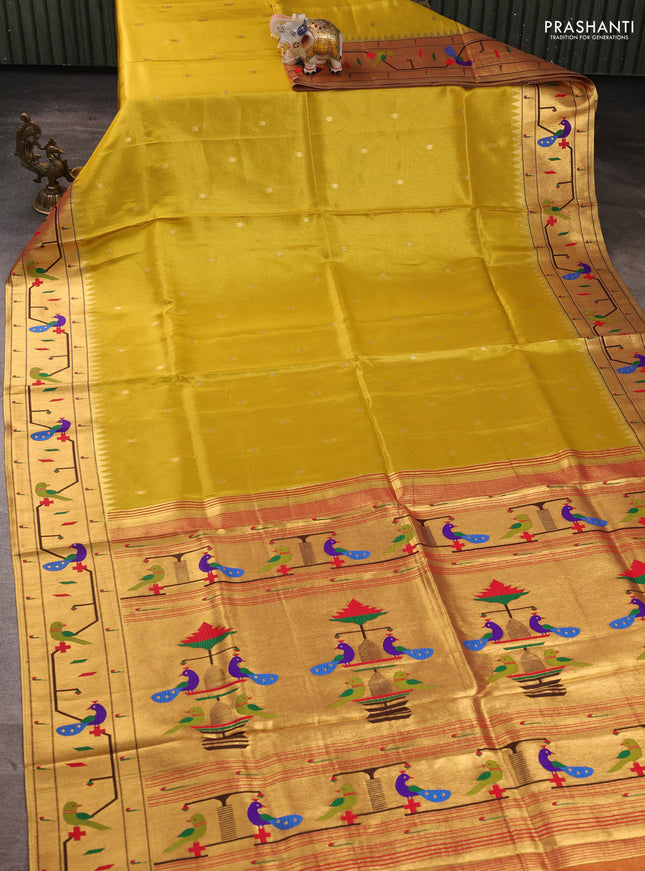 Tissue silk saree yellow and red with allover zari woven buttas and paithani pallu & border