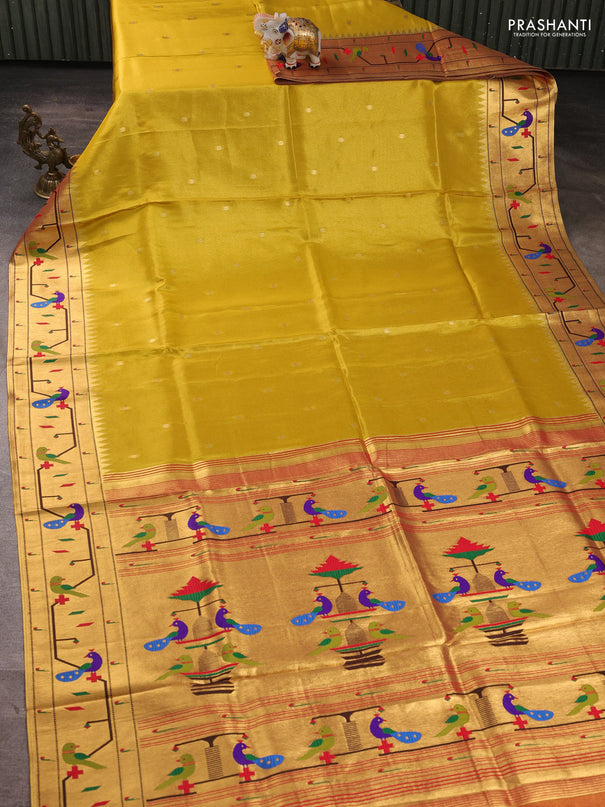 Tissue silk saree yellow and red with allover zari woven buttas and paithani pallu & border