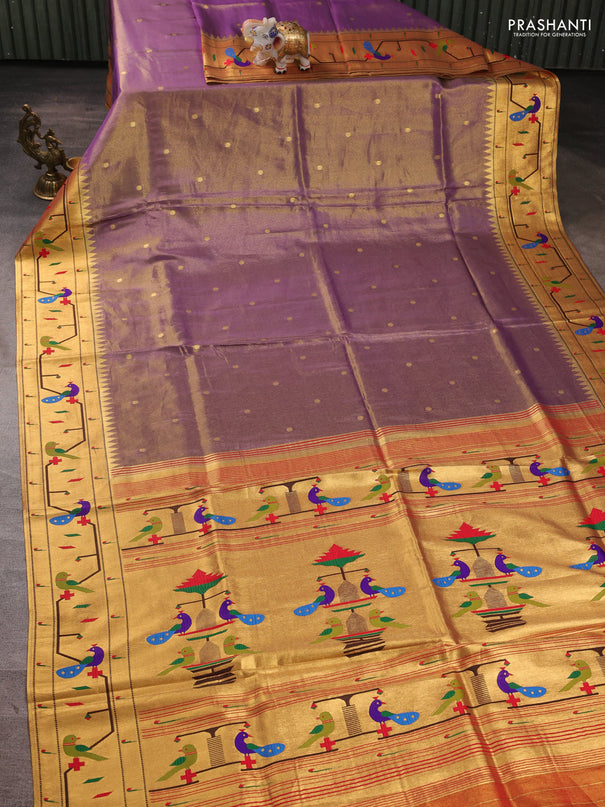 Tissue silk saree lavender with allover zari woven buttas and paithani pallu & border