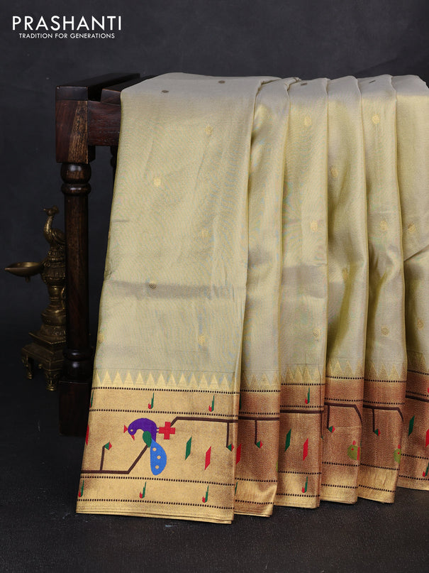 Tissue silk saree cream and red with allover zari woven buttas and paithani pallu & border