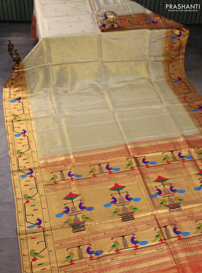Tissue silk saree cream and red with allover zari woven buttas and paithani pallu & border