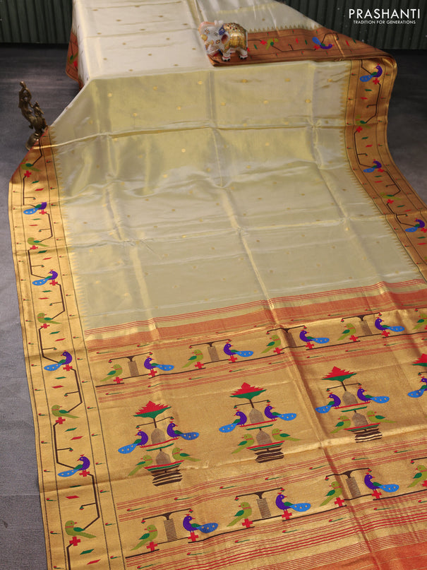 Tissue silk saree cream and red with allover zari woven buttas and paithani pallu & border