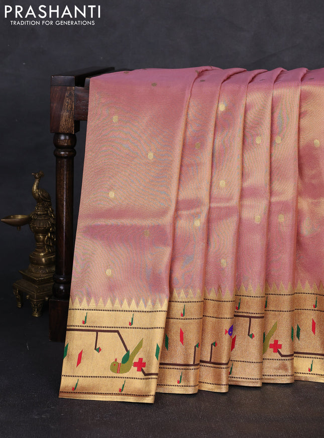Tissue silk saree light pink with allover zari woven buttas and paithani pallu & border