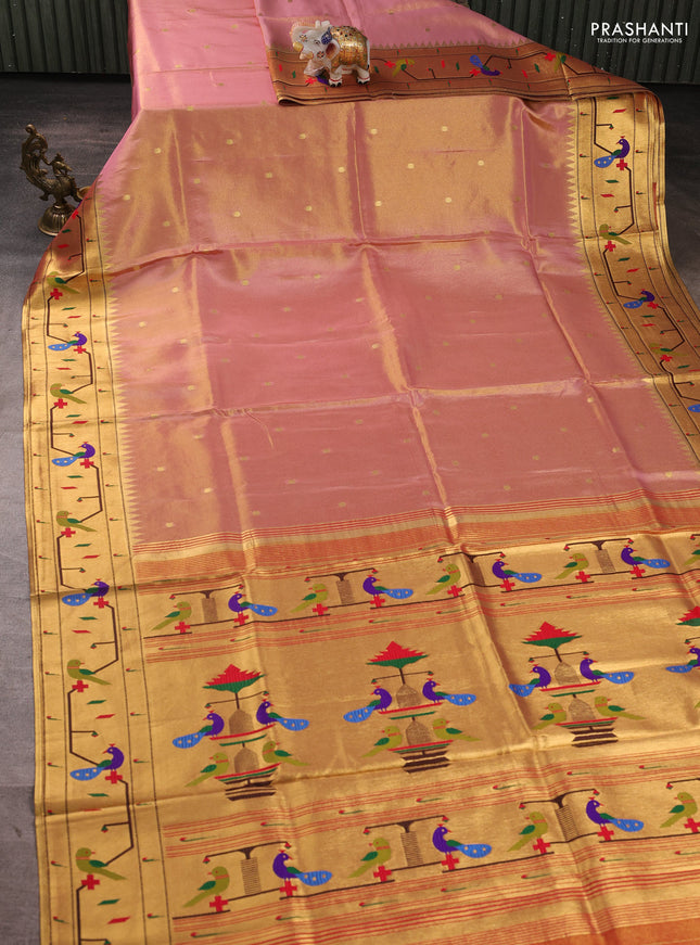 Tissue silk saree light pink with allover zari woven buttas and paithani pallu & border