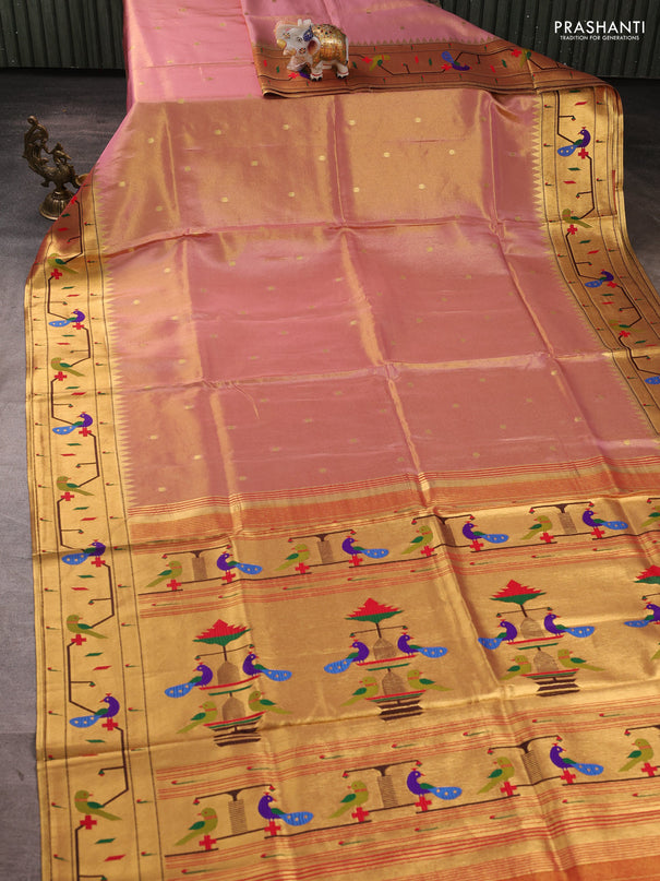 Tissue silk saree light pink with allover zari woven buttas and paithani pallu & border