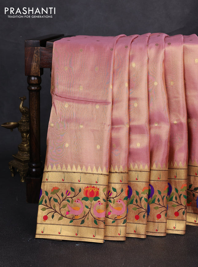 Tissue silk saree light pink with allover zari woven buttas and paithani pallu & border