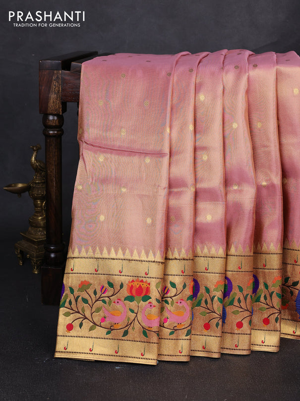 Tissue silk saree light pink with allover zari woven buttas and paithani pallu & border