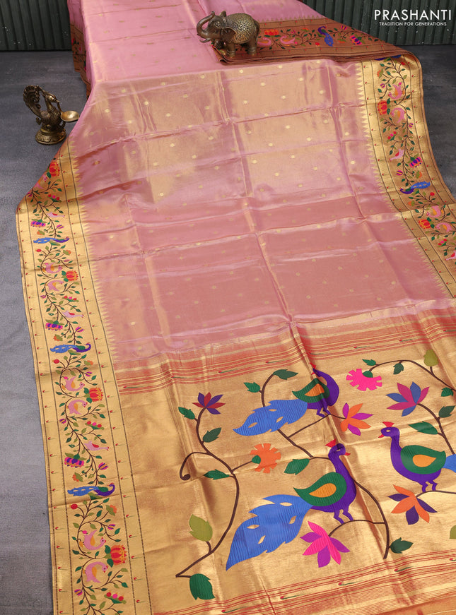 Tissue silk saree light pink with allover zari woven buttas and paithani pallu & border