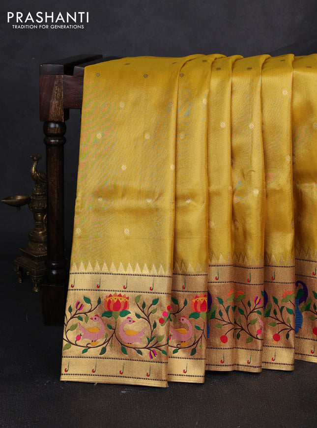 Tissue silk saree yellow with allover zari woven buttas and paithani pallu & border