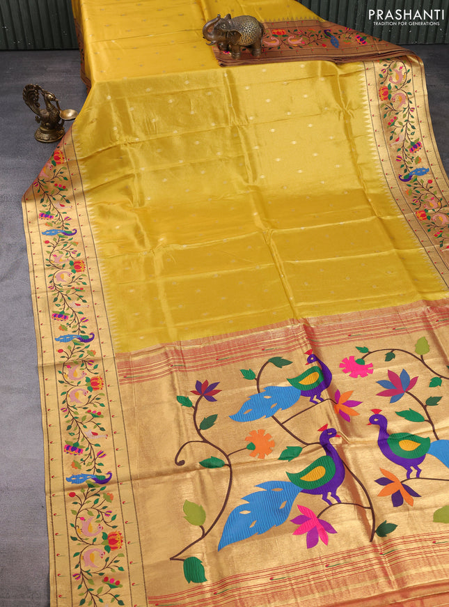 Tissue silk saree yellow with allover zari woven buttas and paithani pallu & border