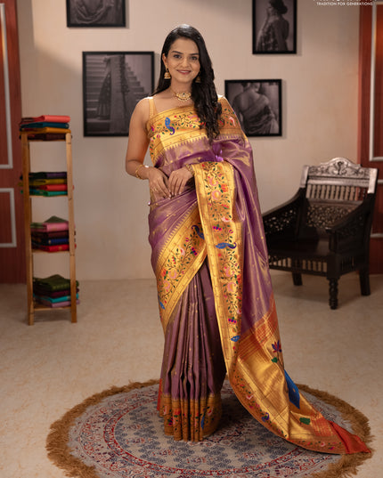 Tissue silk saree lavender with allover zari woven buttas and paithani pallu & border