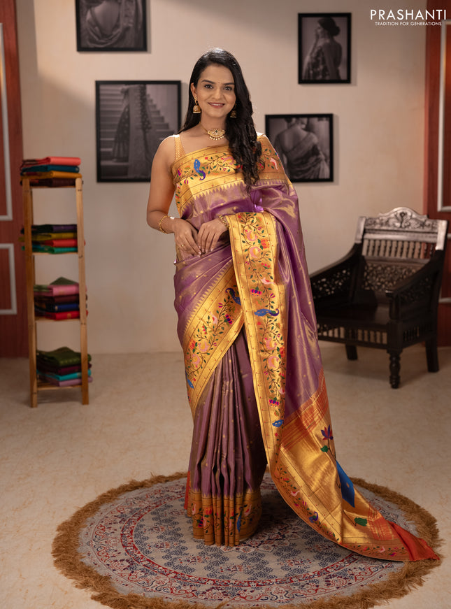 Tissue silk saree lavender with allover zari woven buttas and paithani pallu & border