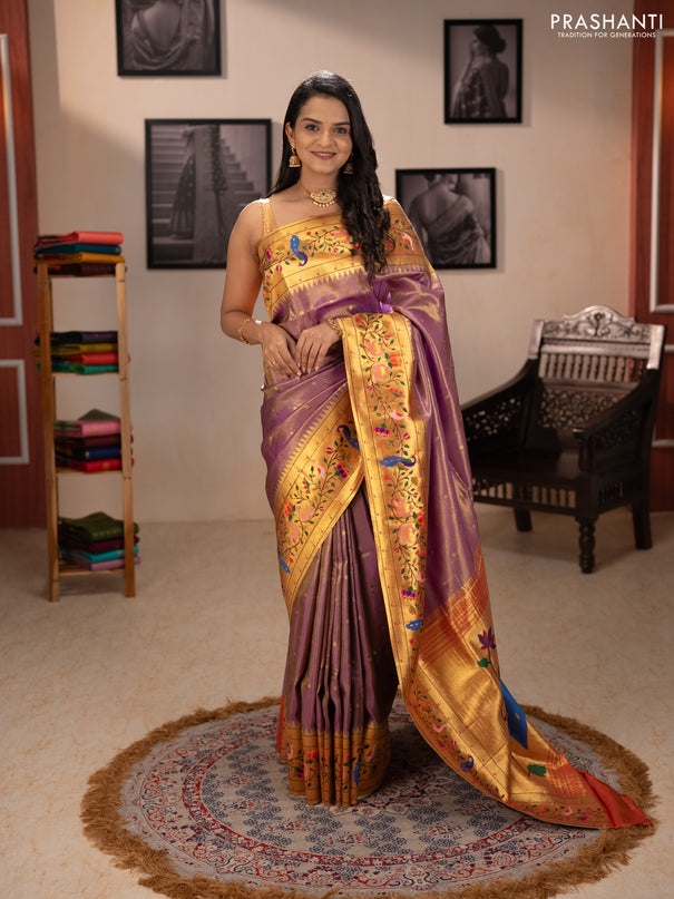 Tissue silk saree lavender with allover zari woven buttas and paithani pallu & border