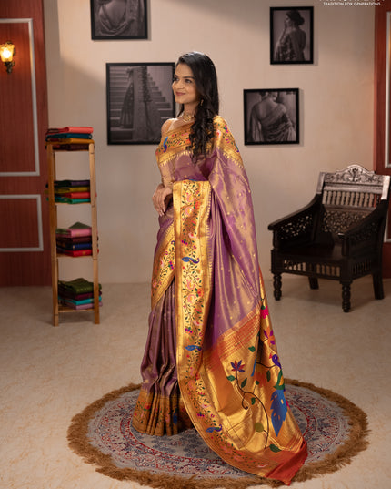 Tissue silk saree lavender with allover zari woven buttas and paithani pallu & border