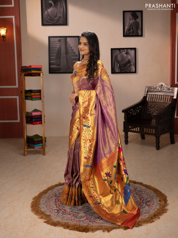Tissue silk saree lavender with allover zari woven buttas and paithani pallu & border