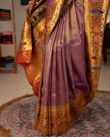 Tissue silk saree lavender with allover zari woven buttas and paithani pallu & border