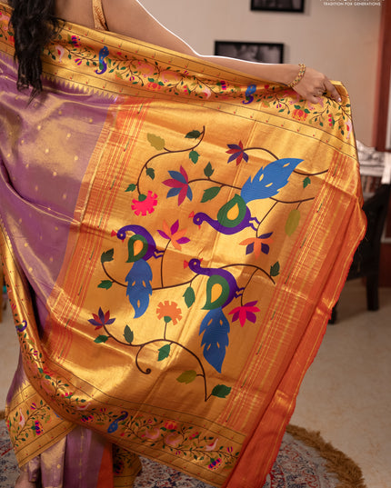 Tissue silk saree lavender with allover zari woven buttas and paithani pallu & border