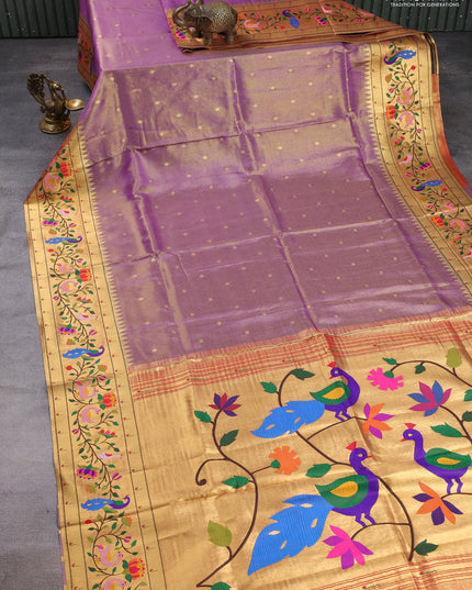 Tissue silk saree lavender with allover zari woven buttas and paithani pallu & border